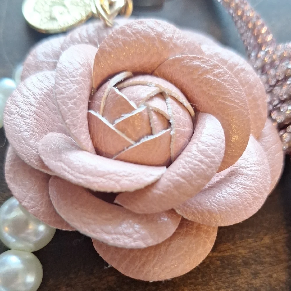 Elegant Pink Rose Bag Charm with Pearls